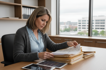 Administratrice de santé organisant des dossiers dans son bureau