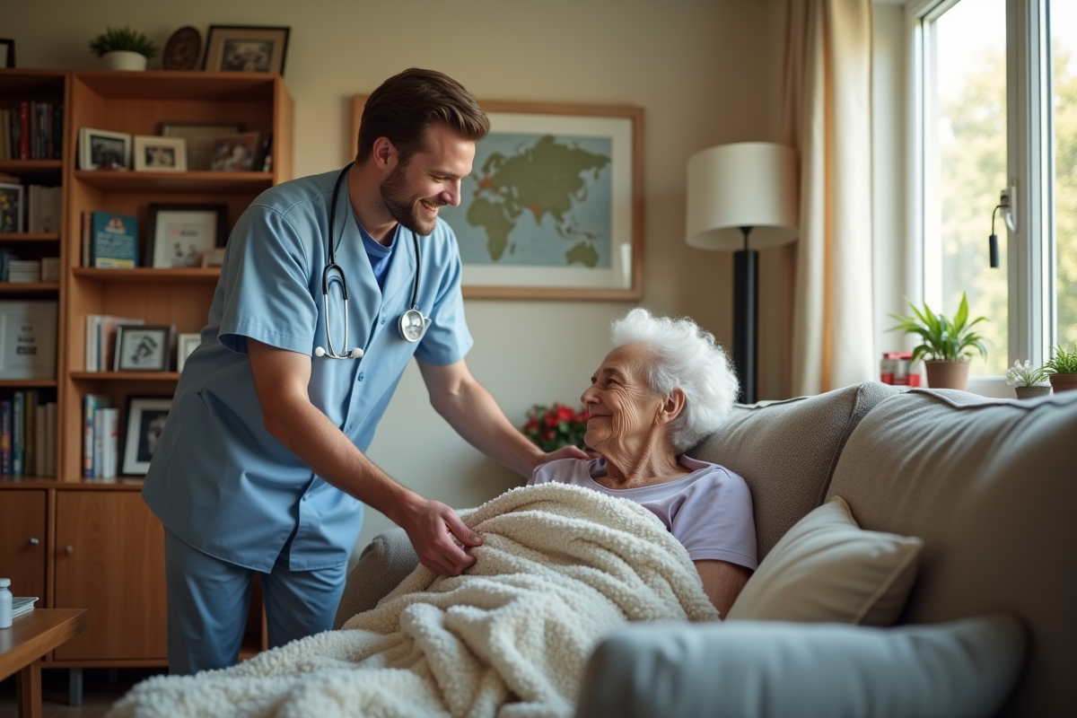 Aide-soignant parlant avec une femme âgée détendue à la maison