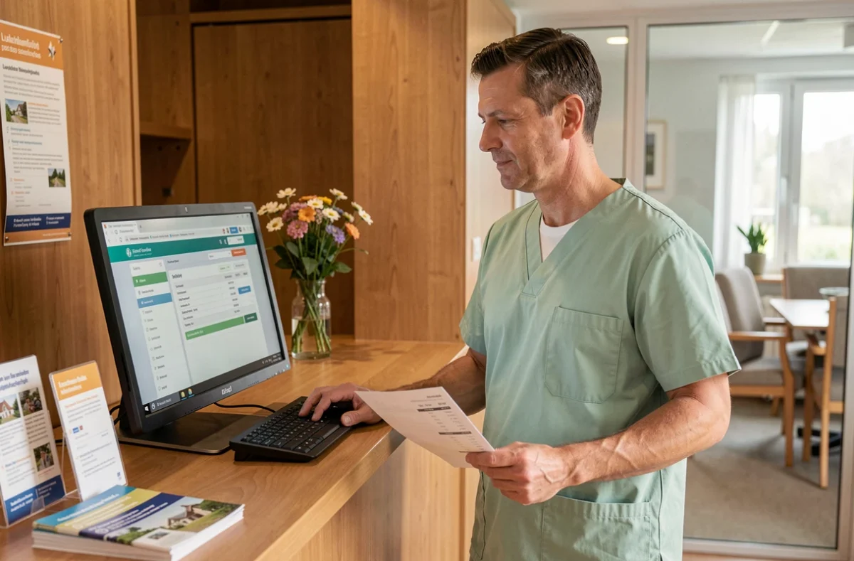 Aide soignant masculin consultant un portail de paie en ligne et une fiche de salaire dans une maison de soins au Luxembourg