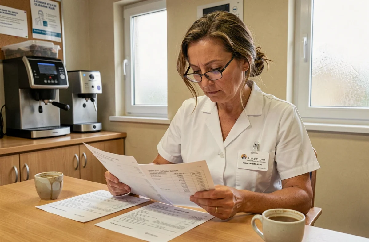 Aide soignante comparant des fiches de salaire brut et net dans une salle de pause d'établissement de soins au Luxembourg