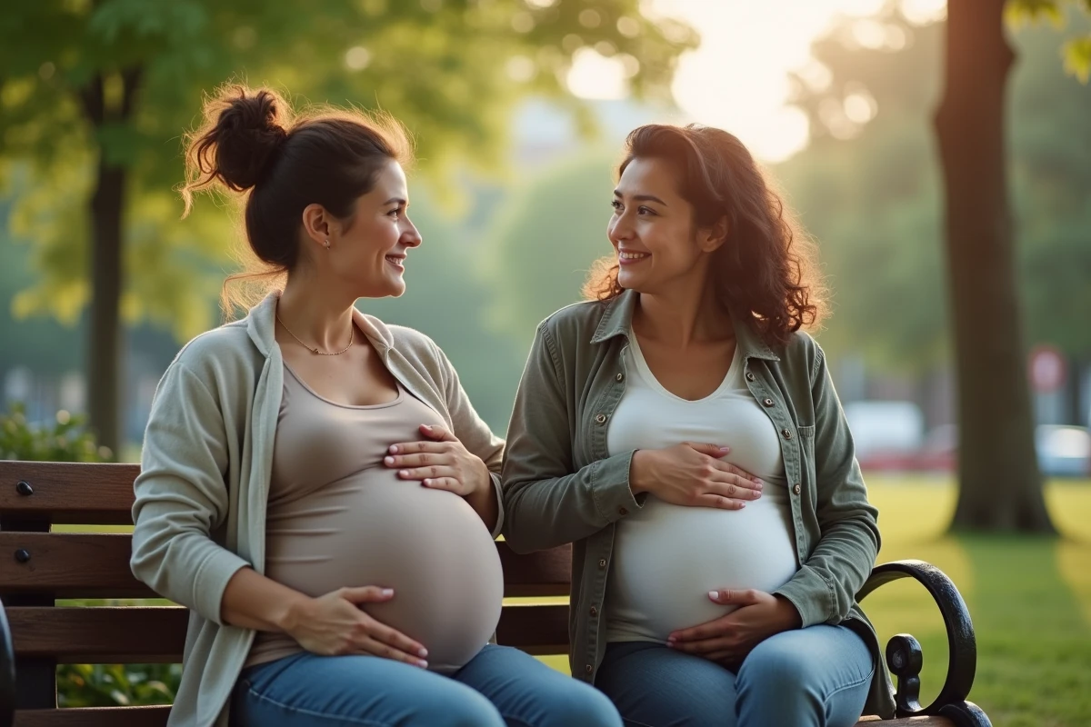 Deux amies discutant sur un banc dans un parc urbain