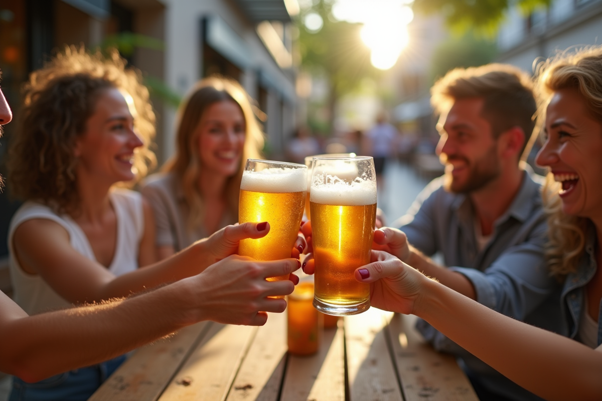 Groupe d amis trinquant avec bière sans gluten en extérieur