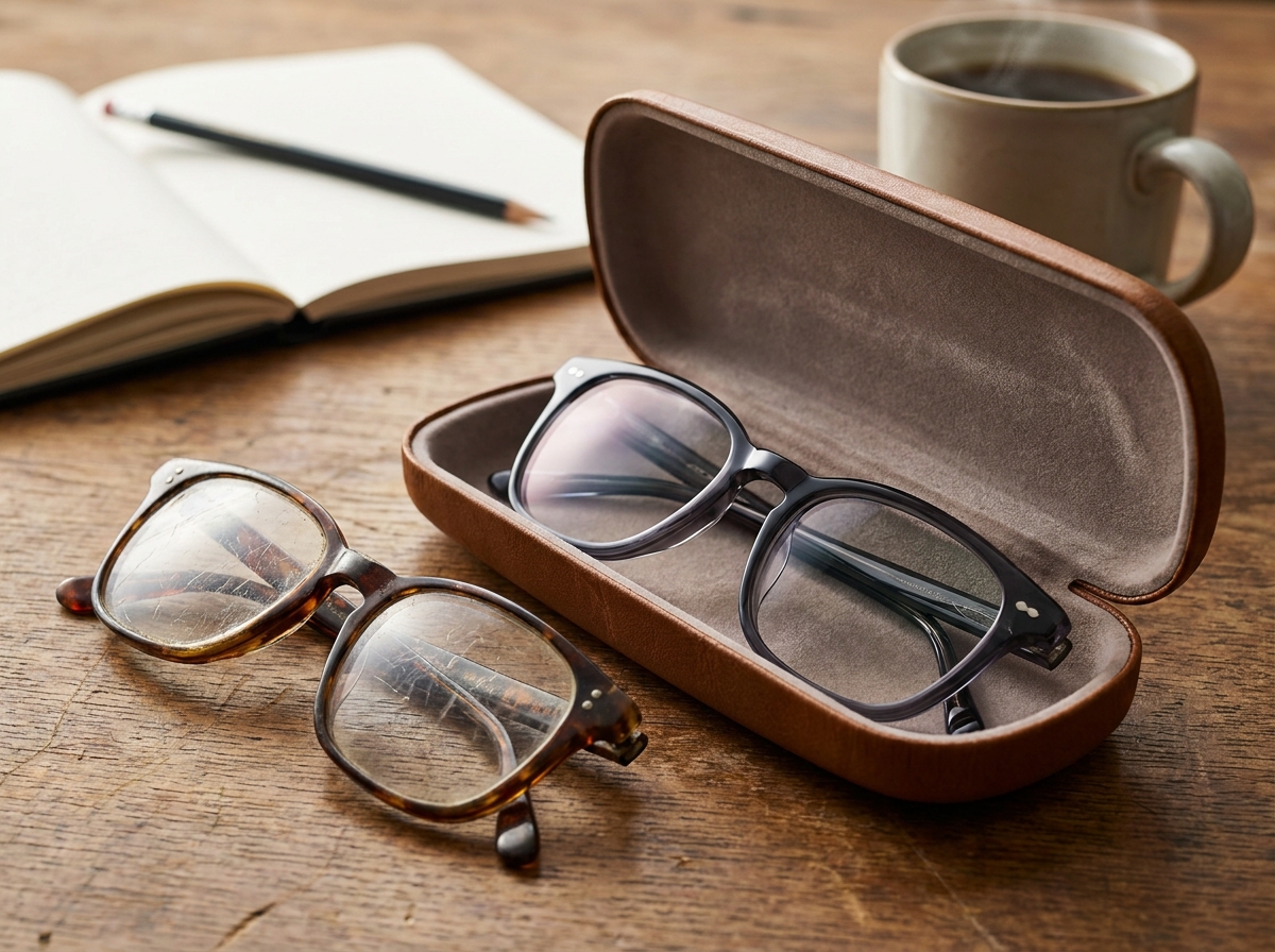 Comparaison entre une ancienne monture usée et une nouvelle paire de lunettes moderne posées sur un bureau en bois
