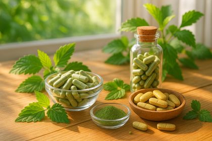 Photo d'herbes et compléments naturels sur une table en bois