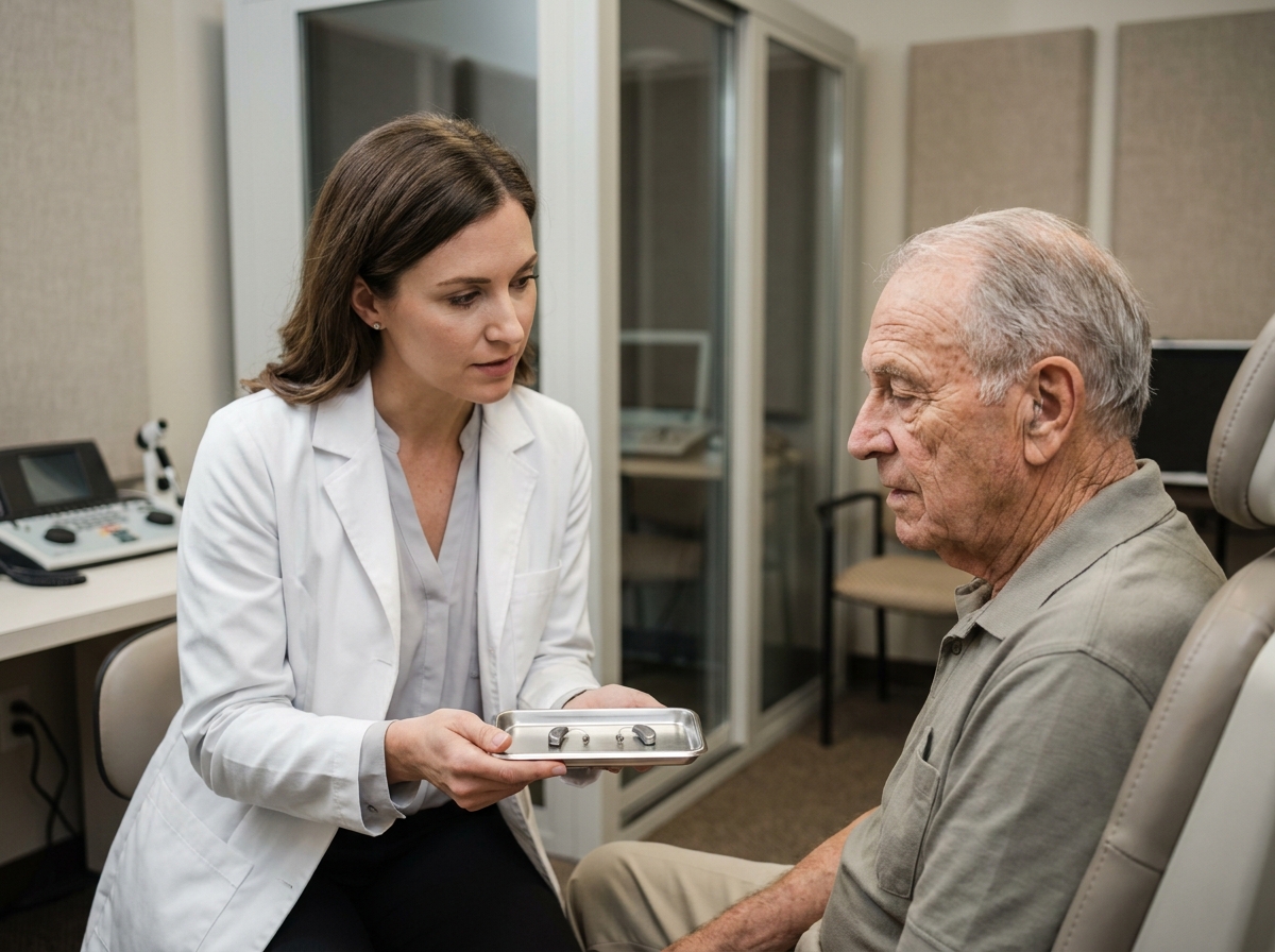 Audiologiste présentant des aides auditives à un patient âgé dans une salle d'audiométrie professionnelle