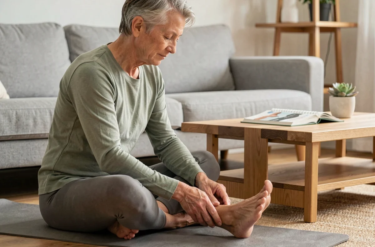 Personne pratiquant l'auto-réflexologie plantaire assise sur un tapis de yoga à la maison avec un guide ouvert en arrière-plan