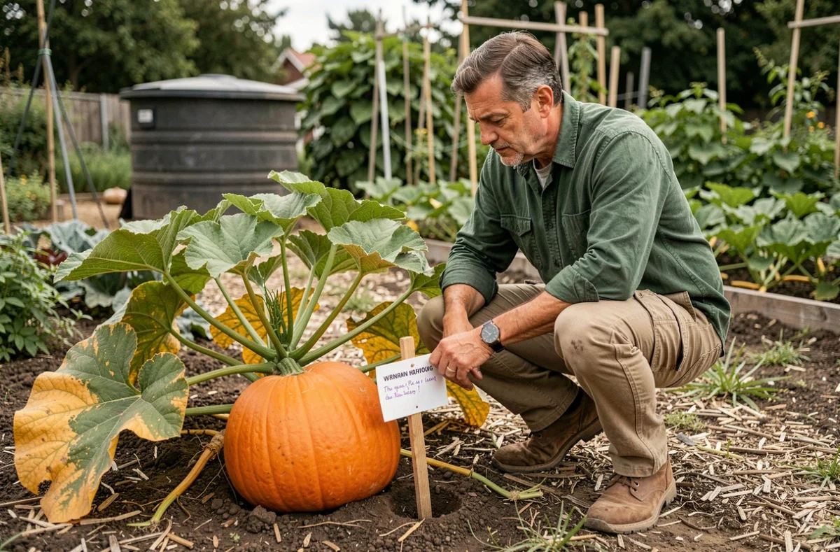 Jardinier lisant une étiquette d'avertissement plantée près d'un plant de potimarron dans un potager
