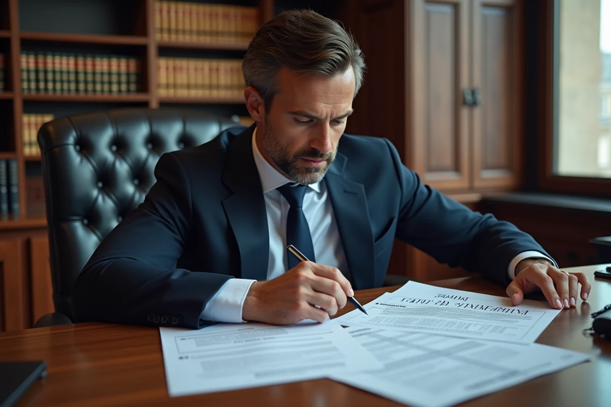 Un avocat spécialisé en droit du travail consulte des documents officiels sur les délais d'indemnisation liés à une maladie professionnelle et un accident du travail dans son cabinet