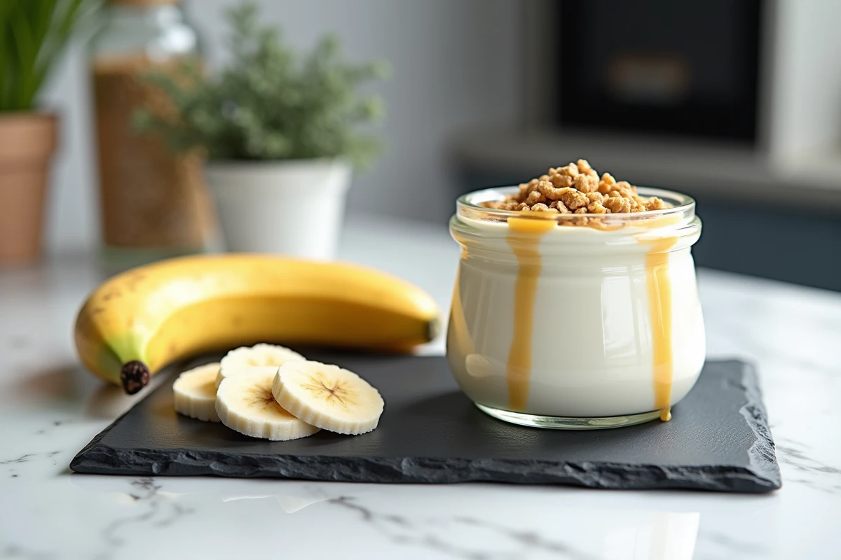 Rondelles de banane sur une ardoise avec yaourt grec, miel et granola, collation légère et rassasiante