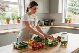Femme préparant des repas légers avec des légumes peu caloriques dans des boîtes en verre pour le batch cooking