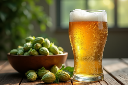 Bière sans gluten fraîche avec condensation sur une table en bois