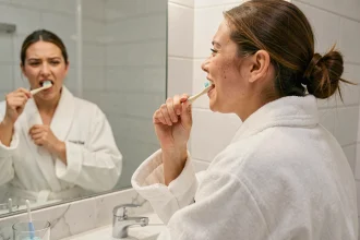 Jeune femme se brossant soigneusement les dents du fond dans une salle de bain moderne pour soulager une gencive gonflée liée à une dent de sagesse