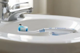 Brosse à dents avec du dentifrice posée sur un lavabo blanc