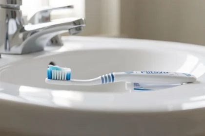 Brosse à dents avec du dentifrice posée sur un lavabo blanc