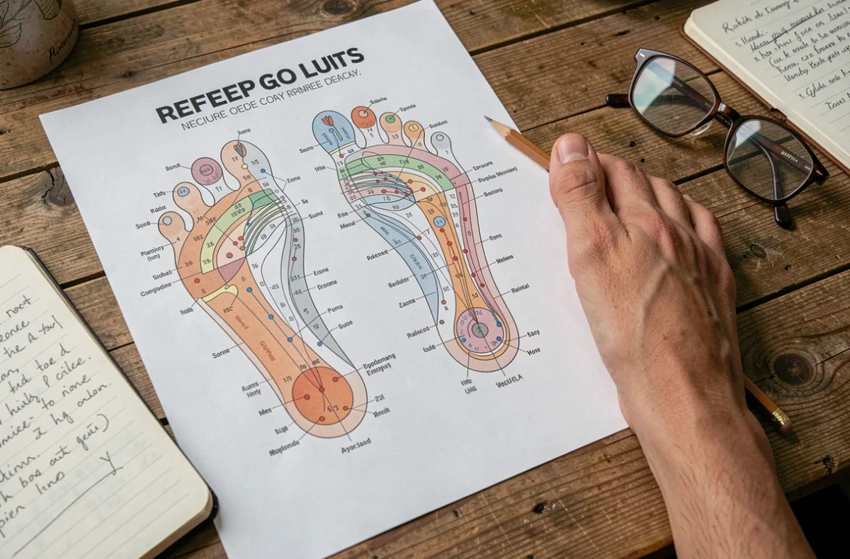 Carte détaillée de réflexologie plantaire posée sur un bureau en bois à côté d'un pied nu pour étude des zones réflexes