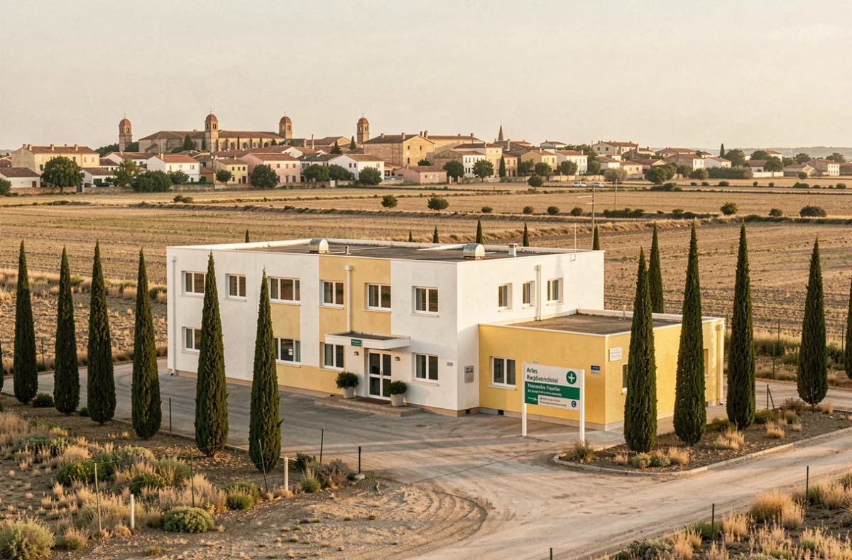 Centre hospitalier d'Arles avec service d'ophtalmologie, bâtiment hospitalier entouré du paysage provençal