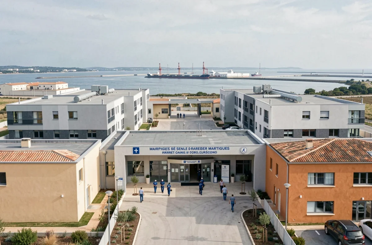 Centre hospitalier de Martigues avec service d'ophtalmologie, bâtiment hospitalier près du littoral méditerranéen