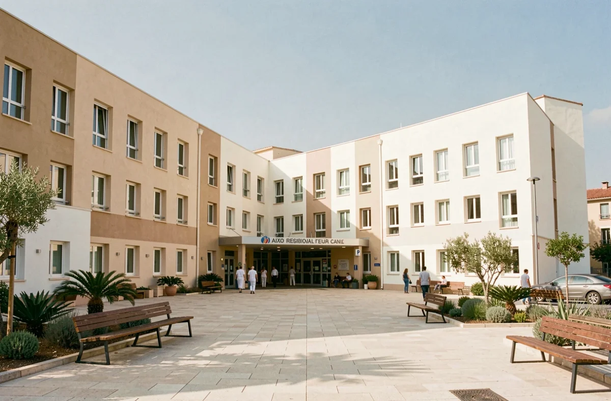 Centre hospitalier du Pays d'Aix à Aix-en-Provence, bâtiment principal avec accès piéton et service d'ophtalmologie