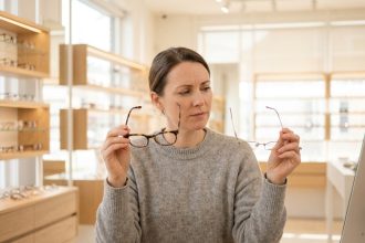 Femme essayant deux montures de lunettes différentes chez un opticien, expression hésitante et réfléchie