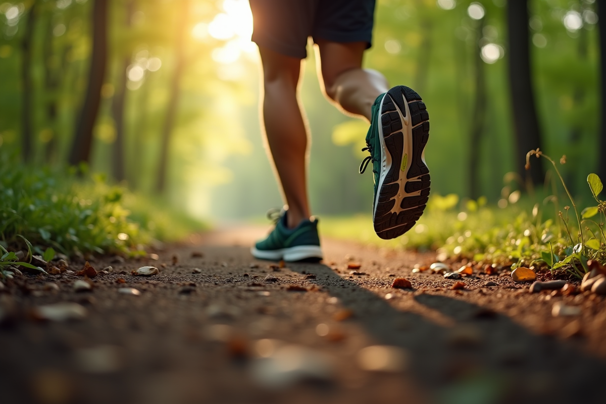 Chaussures de course sur sentier forestier au matin