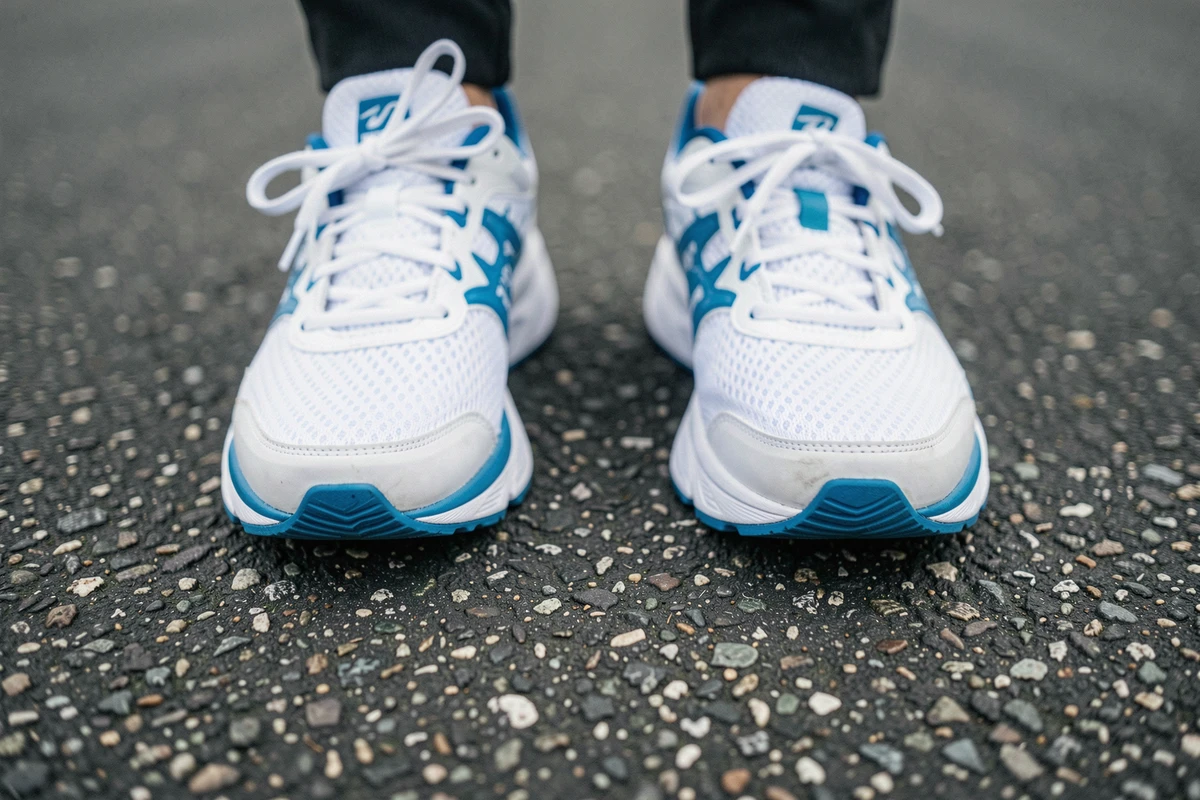 Gros plan de deux paires de chaussures de sport sur asphalte illustrant la différence de cadence entre marche rapide et marche lente en termes de pas par kilomètre