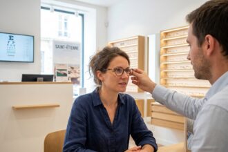 Femme essayant des lunettes chez un opticien à Saint-Étienne avec conseil personnalisé