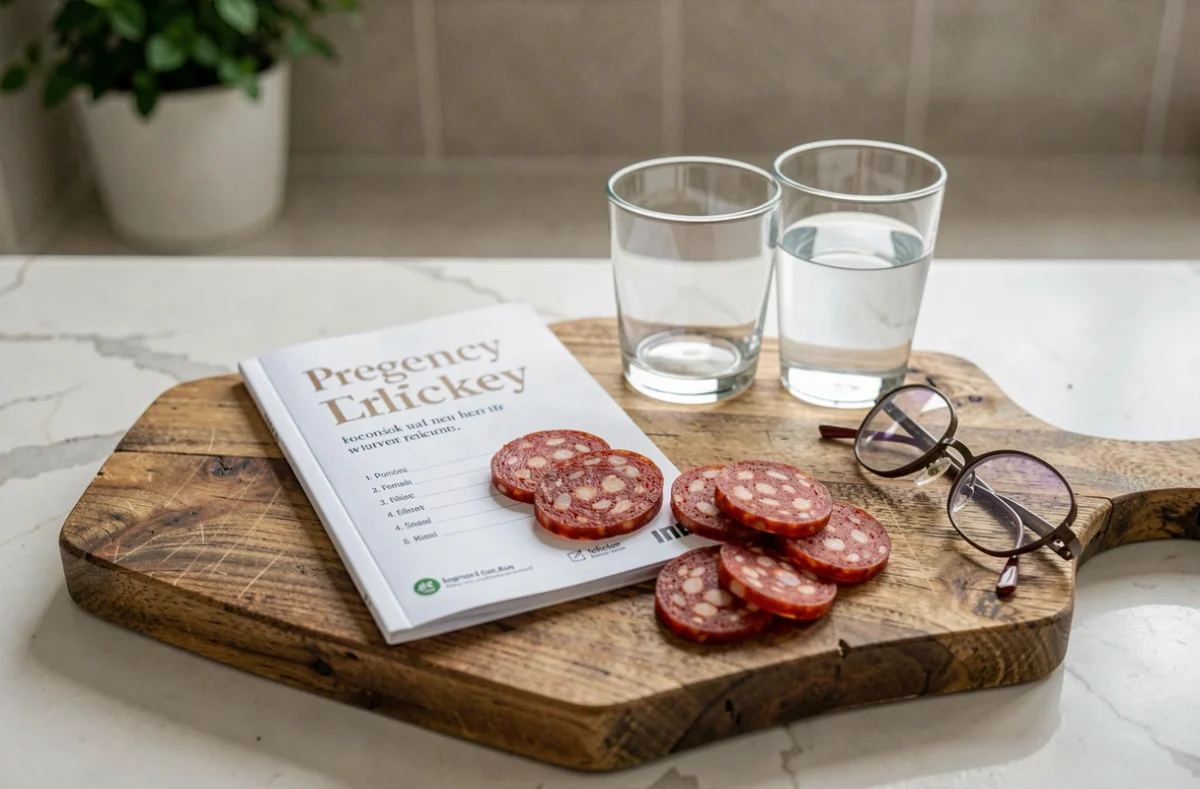 Tranches de chorizo sur une planche en bois à côté d'un carnet de suivi de grossesse