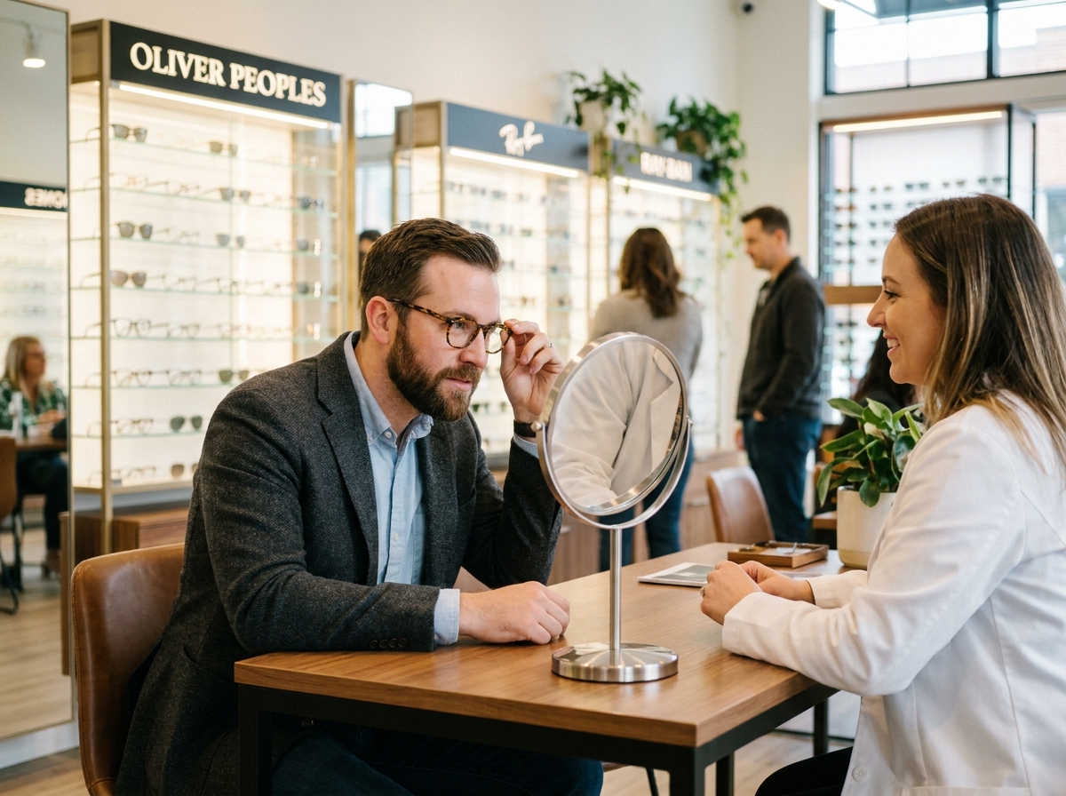 Client essayant des lunettes de créateur lors d'une consultation chez un opticien spécialisé
