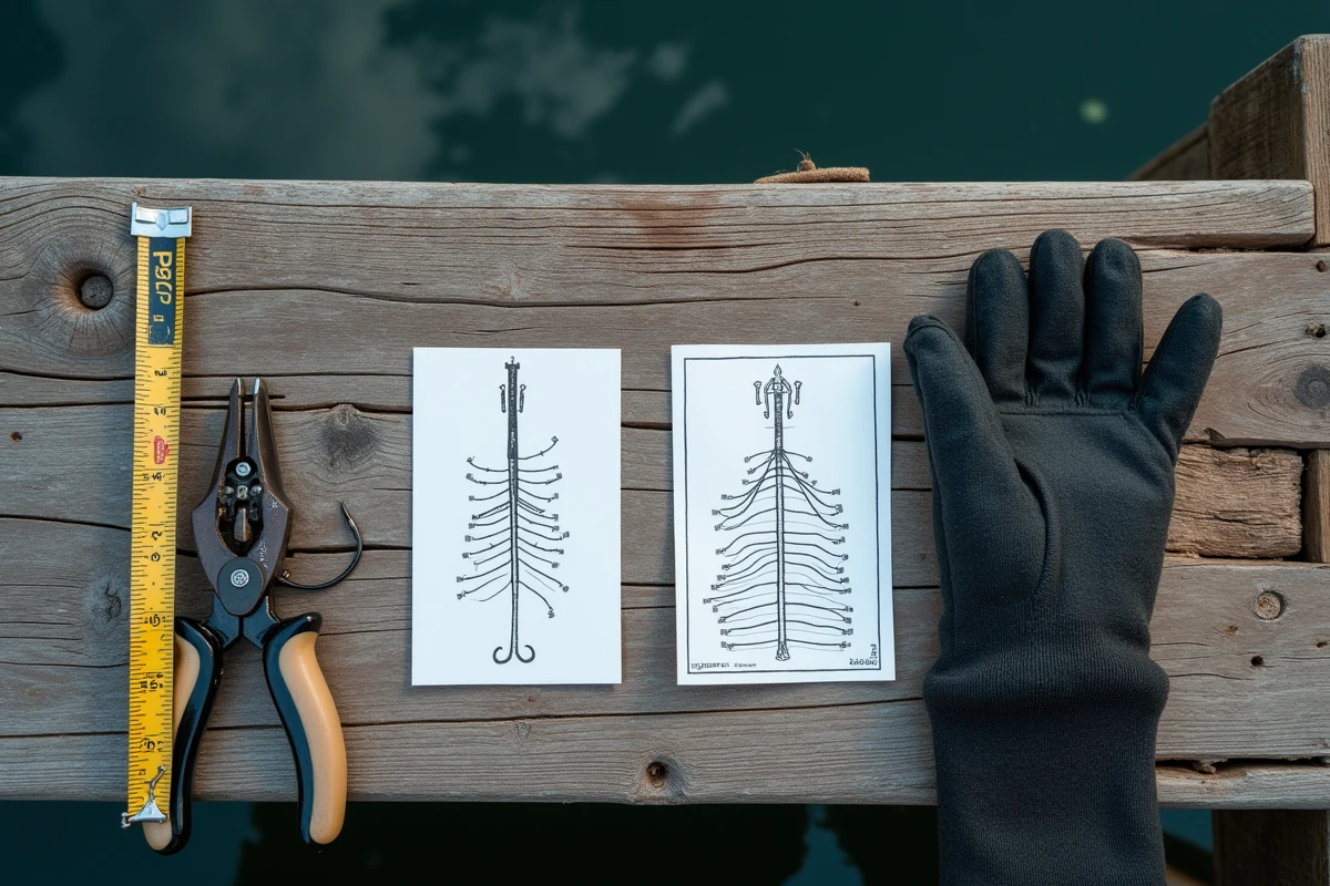 Vue aérienne d'un ponton de pêche avec hameçon triple, schéma comparatif de blessures par dents de brochet et par hameçon, et matériel de pêche