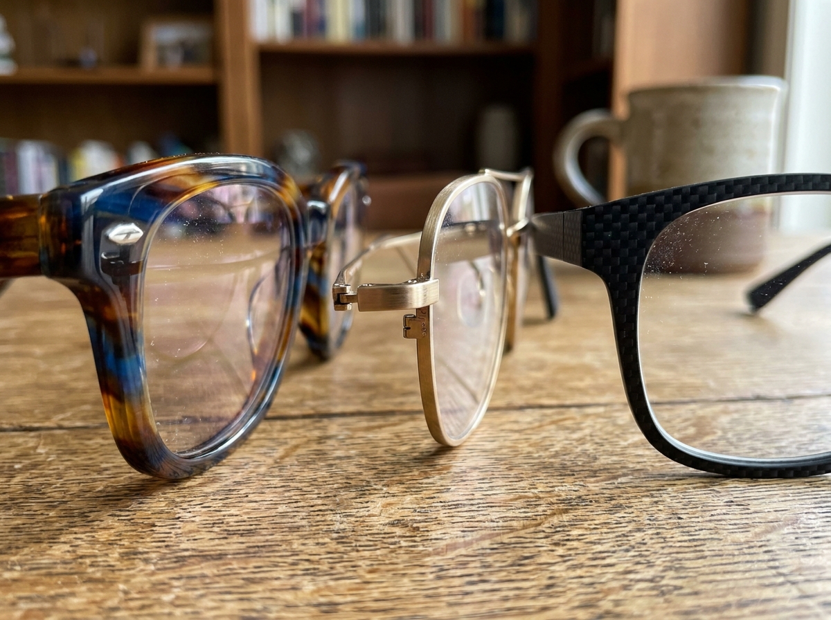 Comparaison de montures de lunettes en acétate, métal doré et fibre de carbone sur fond bois naturel