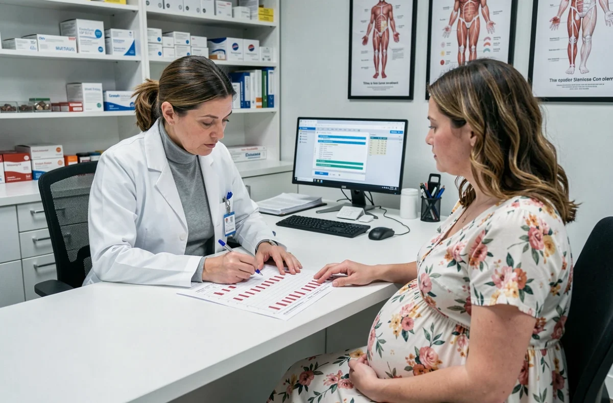 Médecin expliquant les valeurs TCMH d'une prise de sang à une patiente enceinte en consultation