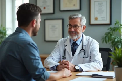 M&eacute;decin et patient en consultation m&eacute;dicale priv&eacute;e, discussion sur la confidentialit&eacute; des informations de sant&eacute;