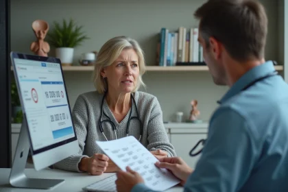 Patiente en consultation m&eacute;dicale discutant d'un dosage de Levothyrox potentiellement trop &eacute;lev&eacute; avec son m&eacute;decin g&eacute;n&eacute;raliste