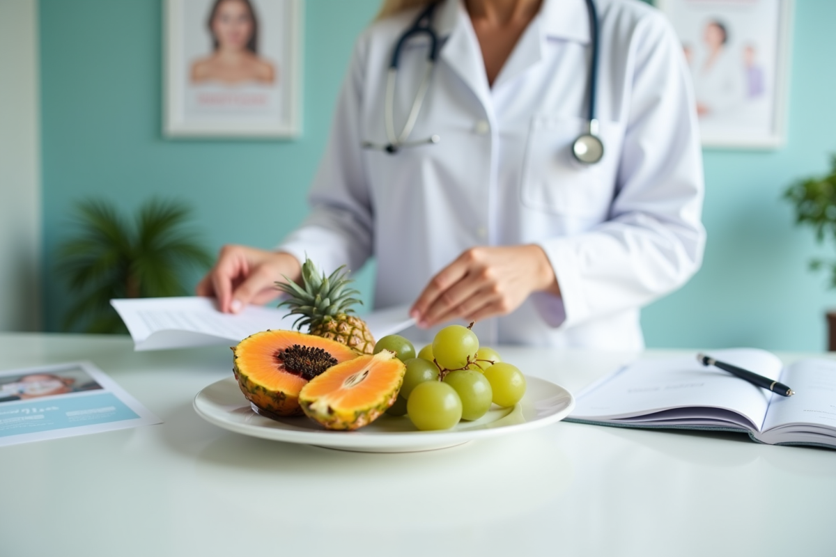 Docteur arrangeant des fruits frais sur une table de consultation