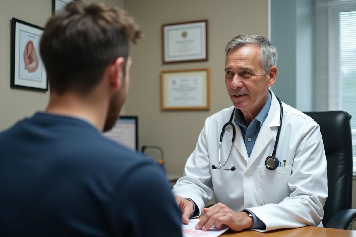 Médecin expliquant les séquelles de la névrite vestibulaire à un patient lors d'une consultation médicale