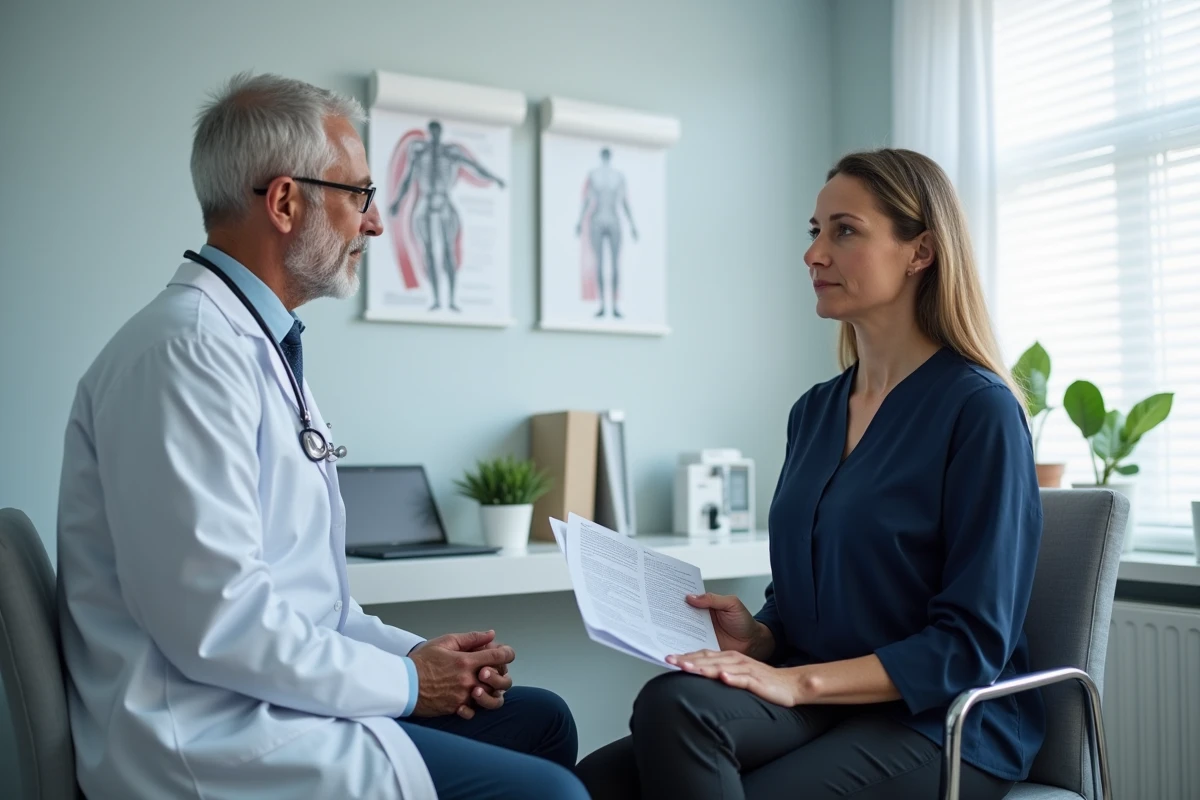 Consultation médicale entre un médecin et une patiente discutant d'une prise de poids liée à un dérèglement hormonal