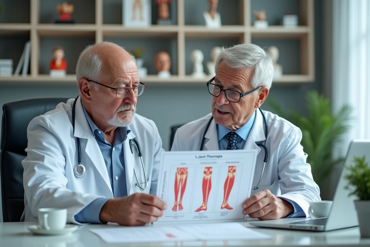 Homme &acirc;g&eacute; consultant un rhumatologue dans un cabinet m&eacute;dical
