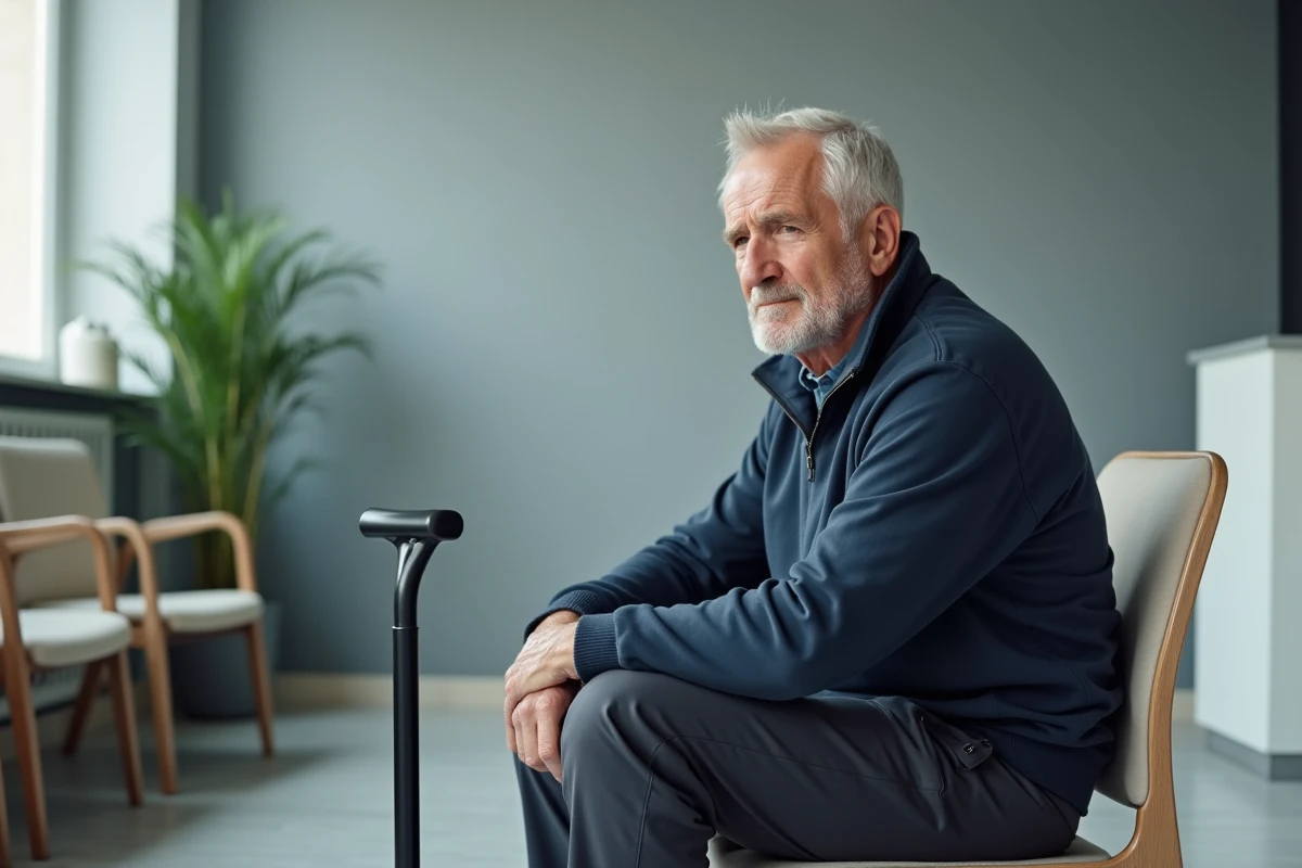 Patient âgé en salle d'attente médicale consultant un médecin pour une épine calcanéenne après l'échec des remèdes maison