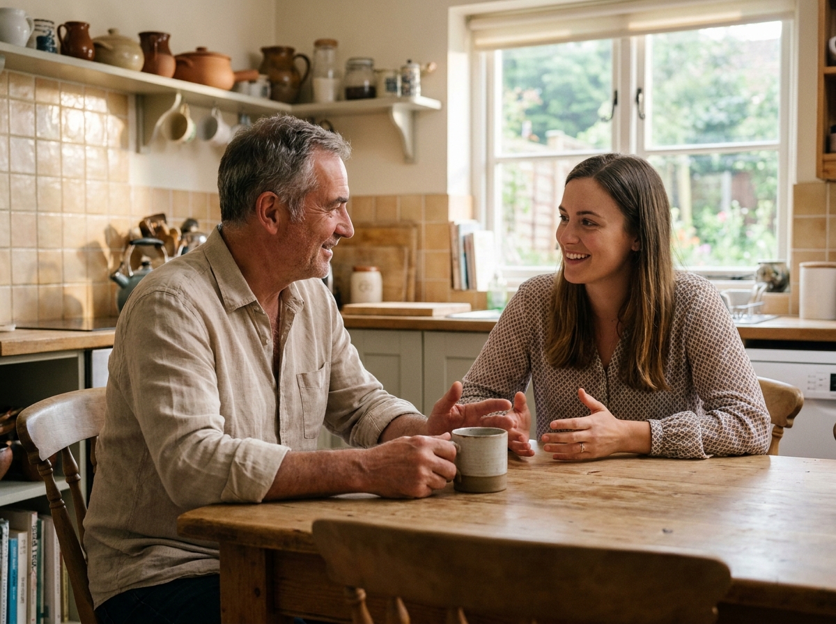 Homme âgé et femme en conversation facile autour d'une table de cuisine, illustrant l'amélioration de la communication après un bilan auditif