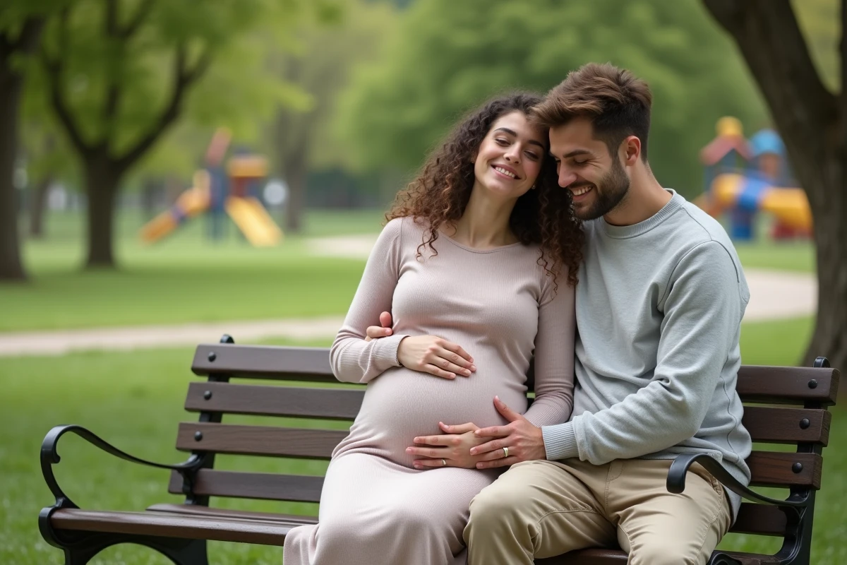 Jeune couple enceinte assis dans un parc verdoyant