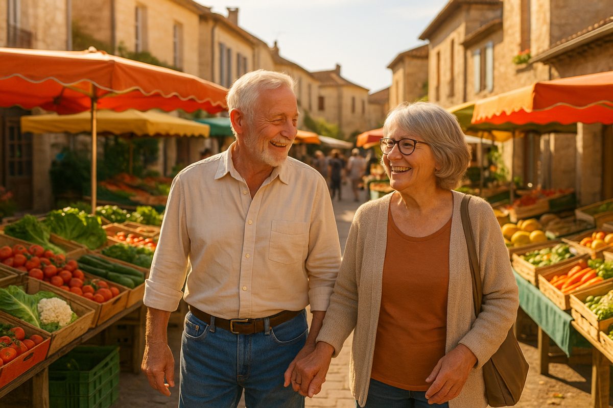 Couple senior souriant marchant au marché dans Lot et Garonne