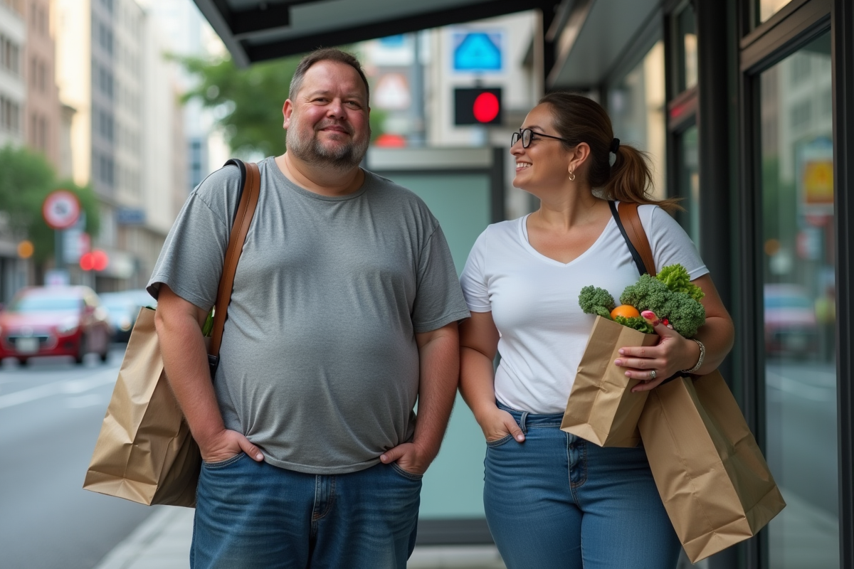 Couple en ville avec sacs de courses et expression naturelle