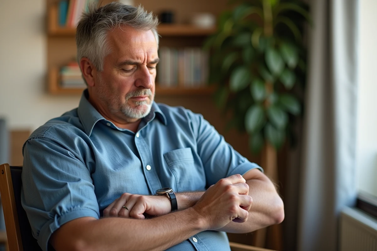 Homme se grattant le bras chez lui, symptôme de démangeaisons chroniques pouvant être associées à un cancer