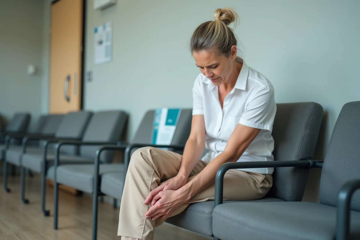 Femme âgée se grattant la jambe dans une salle d'attente médicale, démangeaisons persistantes pouvant signaler un cancer