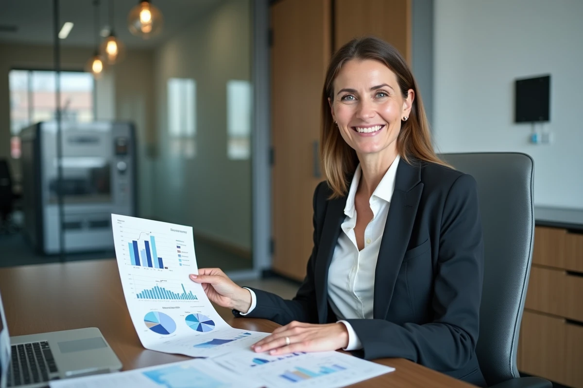 Dentiste analysant des graphiques financiers dans son bureau