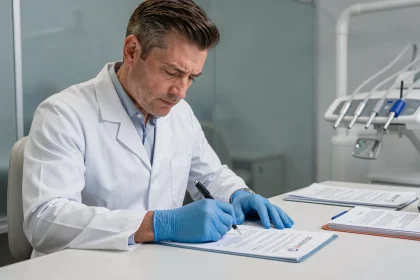 Dentiste remplissant un arrêt de travail médical à son bureau dans un cabinet dentaire moderne