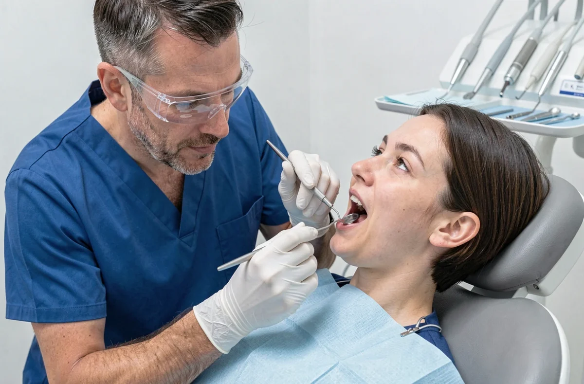 Dentiste examinant la gencive du fond d'un patient souffrant d'une dent de sagesse douloureuse dans un cabinet dentaire moderne