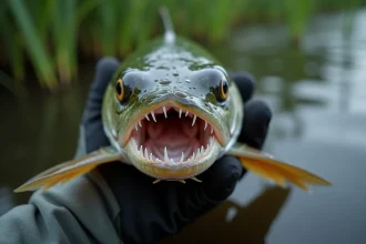 Gros plan sur la gueule ouverte d'un brochet tenu par des mains gantées, montrant ses dents acérées en rangées caractéristiques