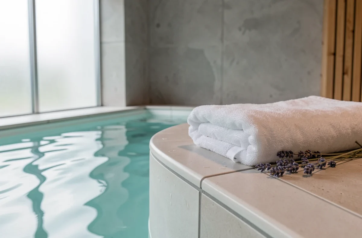 Détail d'un bassin de spa intérieur moderne avec carrelage céramique et serviette blanche dans un centre de bien-être