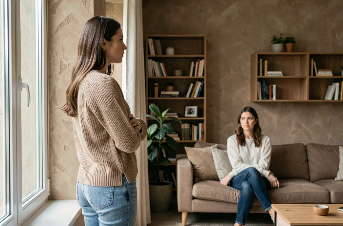 Femme maintenant une distance émotionnelle et physique face à une personnalité manipulatrice dans un appartement